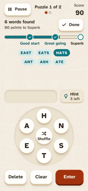 The Word Builder game: a wheel of letters and six words found so far.